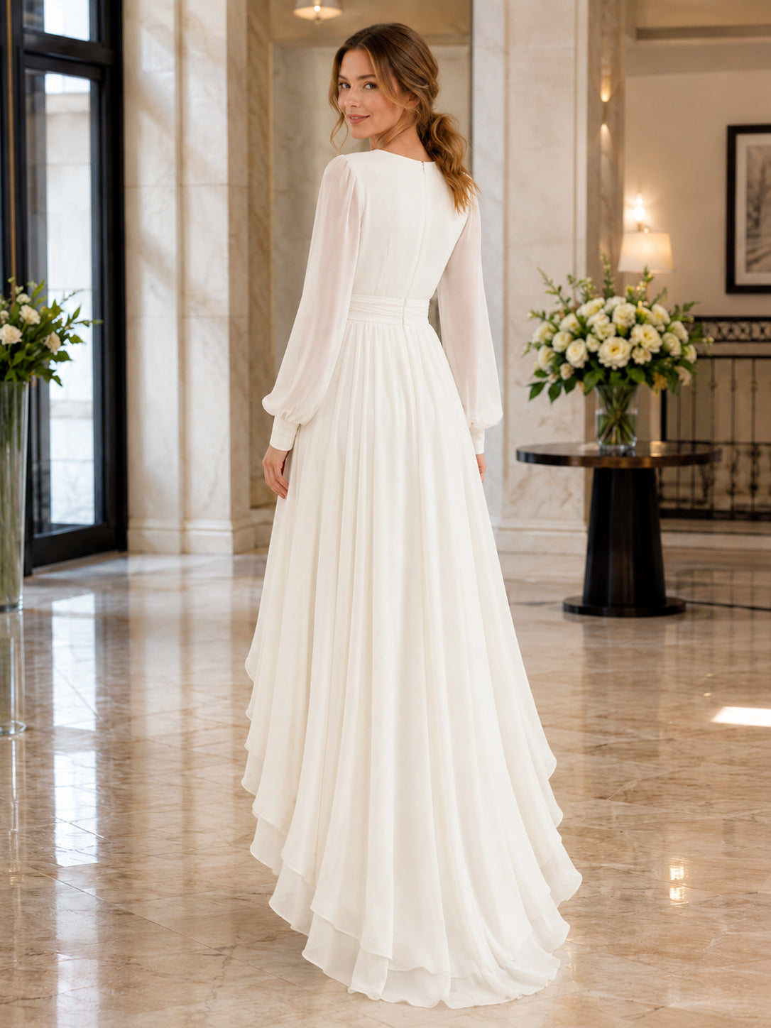 Chiffon Wedding Dress A-Line V-Neck Long Sleeve High Low Ruffle Detail Bridal Gown back view