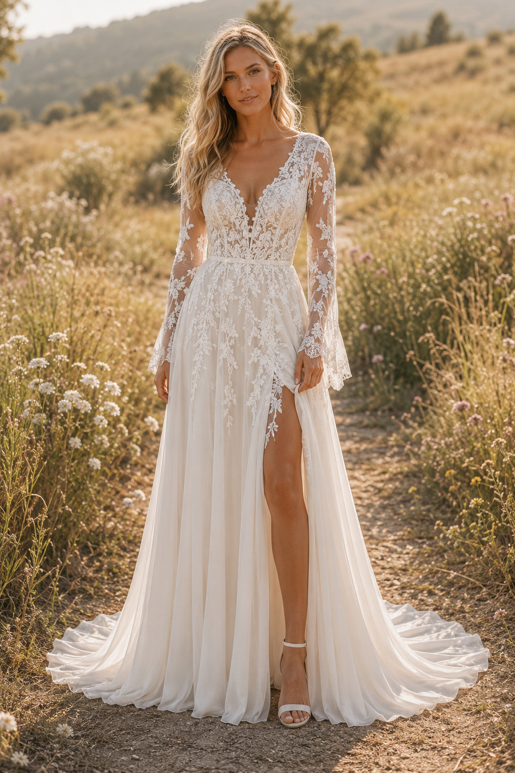 Ivory Long Sleeve Lace A-Line Wedding Dress with High Slit and Sweep Train front view