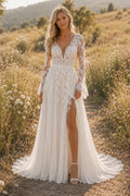 Ivory Long Sleeve Lace A-Line Wedding Dress with High Slit and Sweep Train front view