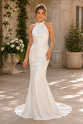 Halter Satin Mermaid Wedding Dress with Open Back front view