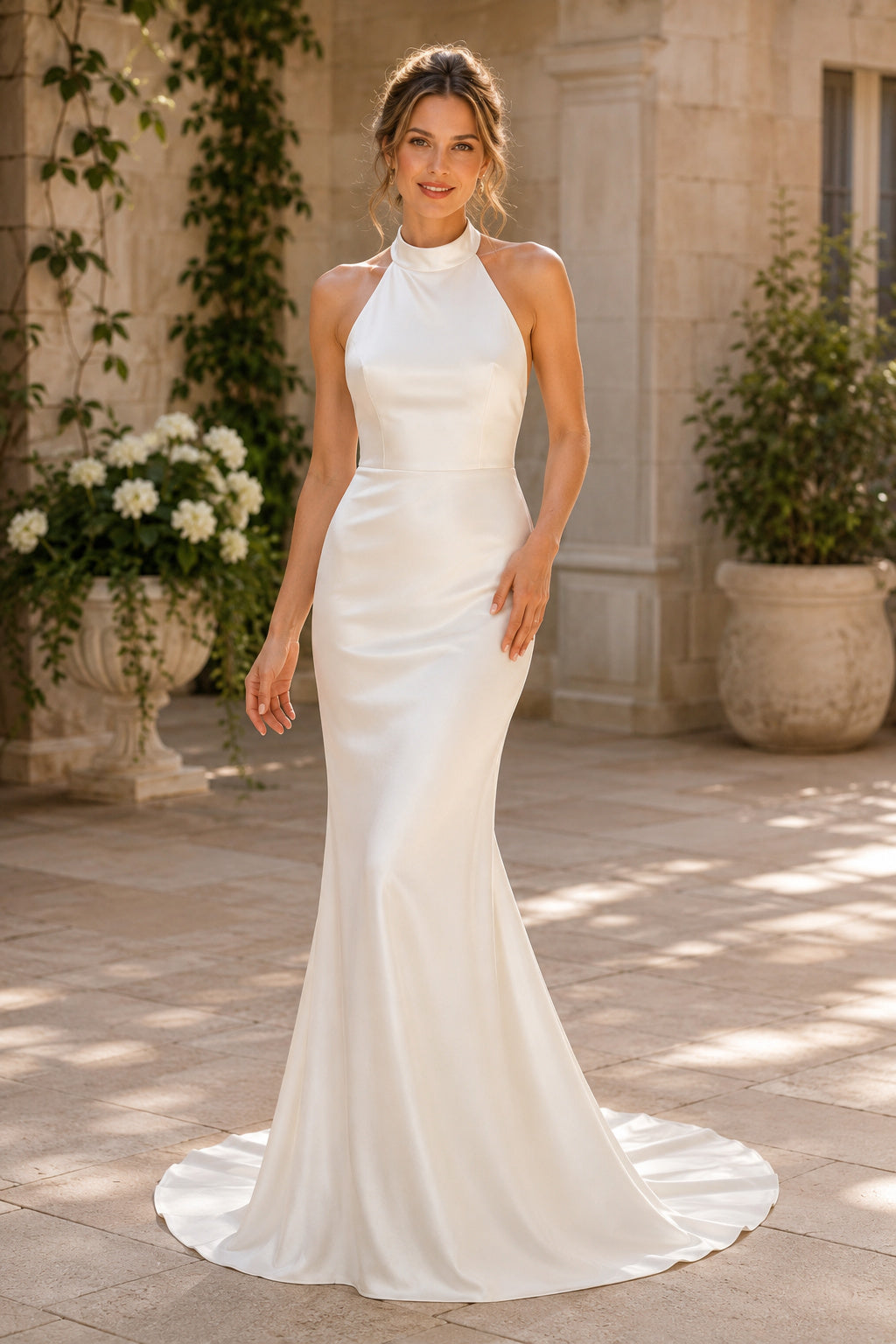Halter Satin Mermaid Wedding Dress with Open Back front view