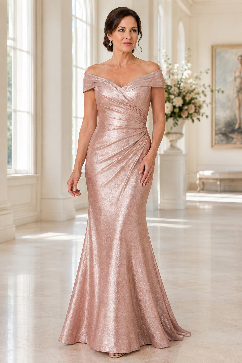 Blushing Pink Off-the-Shoulder Mermaid Mother Dress with Ruched Satin Bodice front view