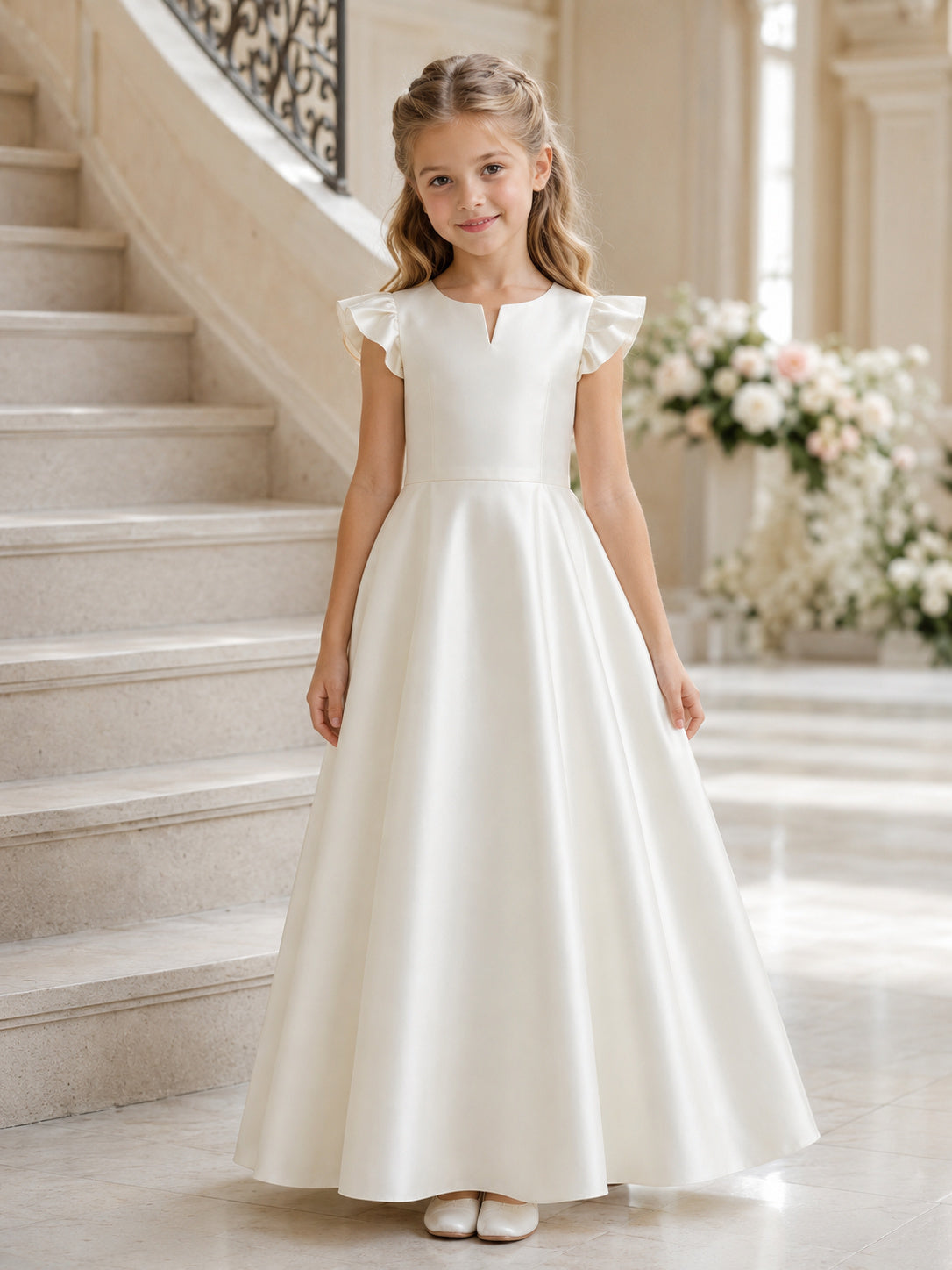 Flower Girl Dress Ivory Satin A-Line Cap Sleeve Jewel Neck Floor Length Bow Back front view