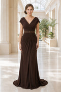 Chocolate V-neck Cap Sleeve Sheath Chiffon Floor-Length Dress With Beaded Waist