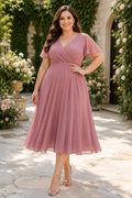 Dusty Rose Plus Size Wedding Guest Sheath Dress front view