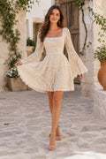 Ivory Square Neck Lace Mini Wedding Dress with Bell Sleeves and Scalloped Hem for Garden Reception front view