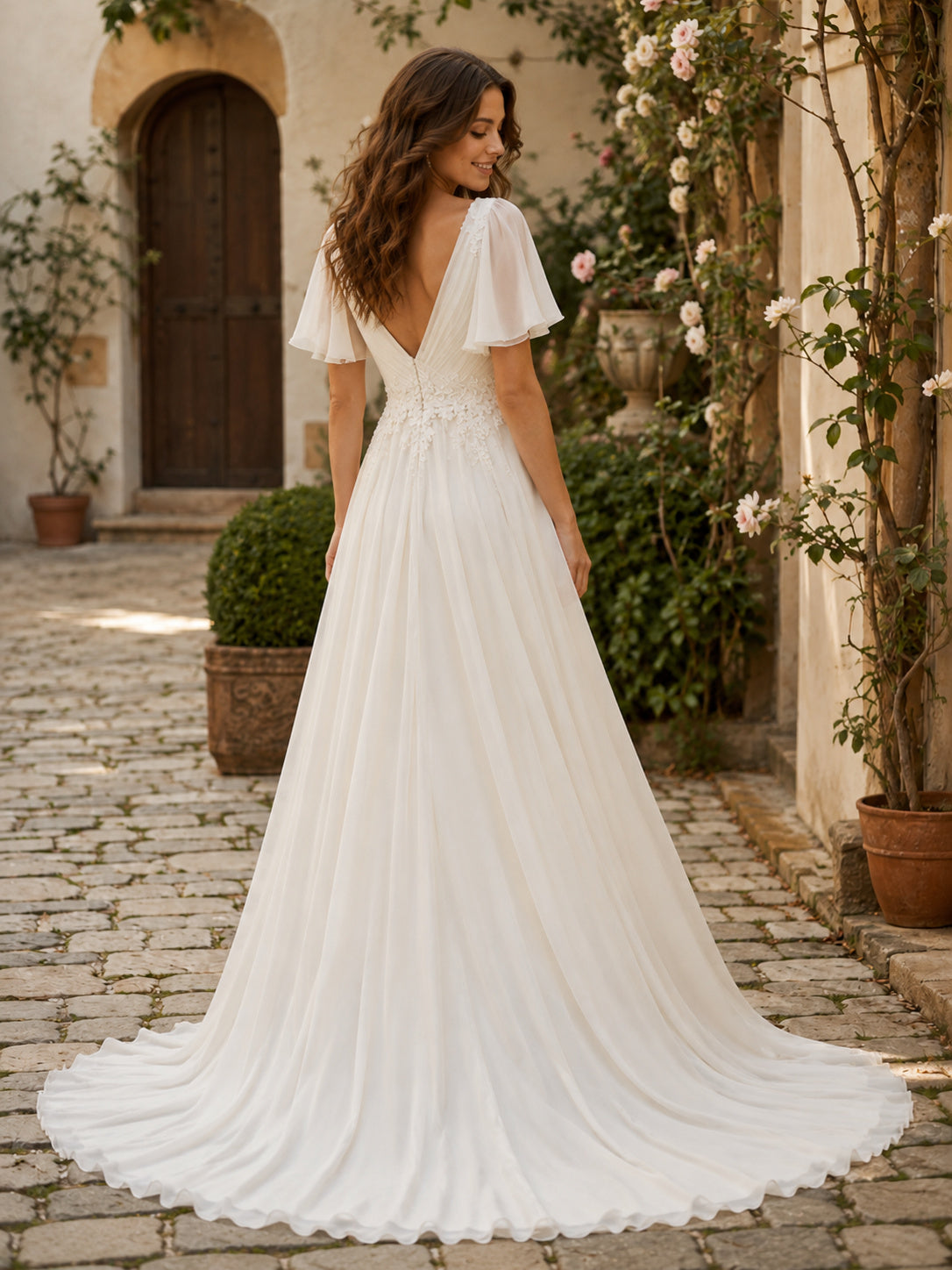 Beach Satin Chiffon Wedding Dress A-Line V-Neck Sleeveless Sweep Train Bridal Gown back view