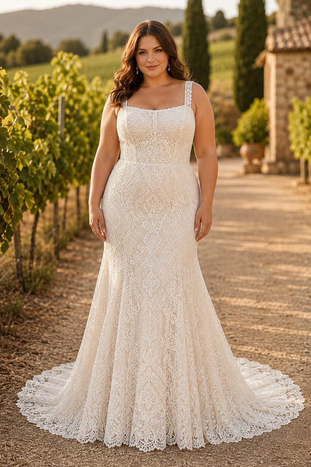 Ivory Plus Size Square Neck Lace Mermaid Wedding Dress with Straps and Corset Back Train front view
