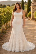 Ivory Plus Size Square Neck Lace Mermaid Wedding Dress with Straps and Corset Back Train front view