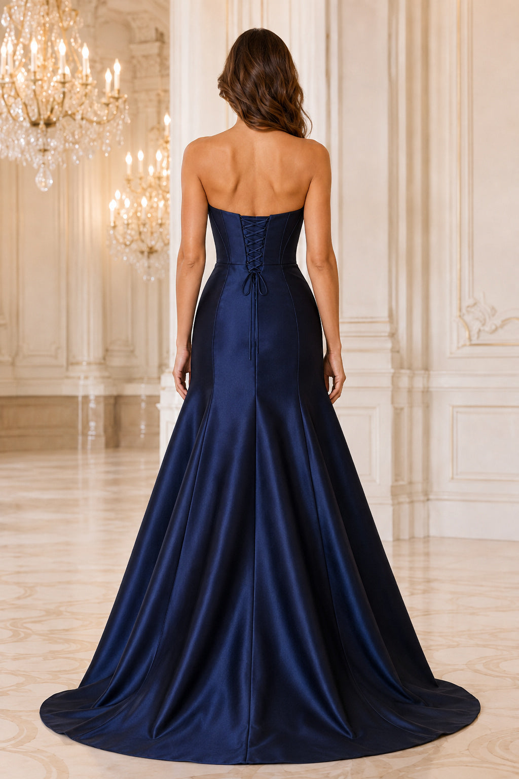 Dark Navy Strapless Satin Ball Gown Formal Dress with Sweep Train back view