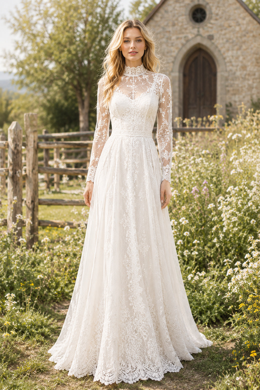 Ivory High Neck Long Sleeve Lace A-Line Wedding Dress Chapel Train for Wedding Ceremony and Reception Style MG_701491 front v