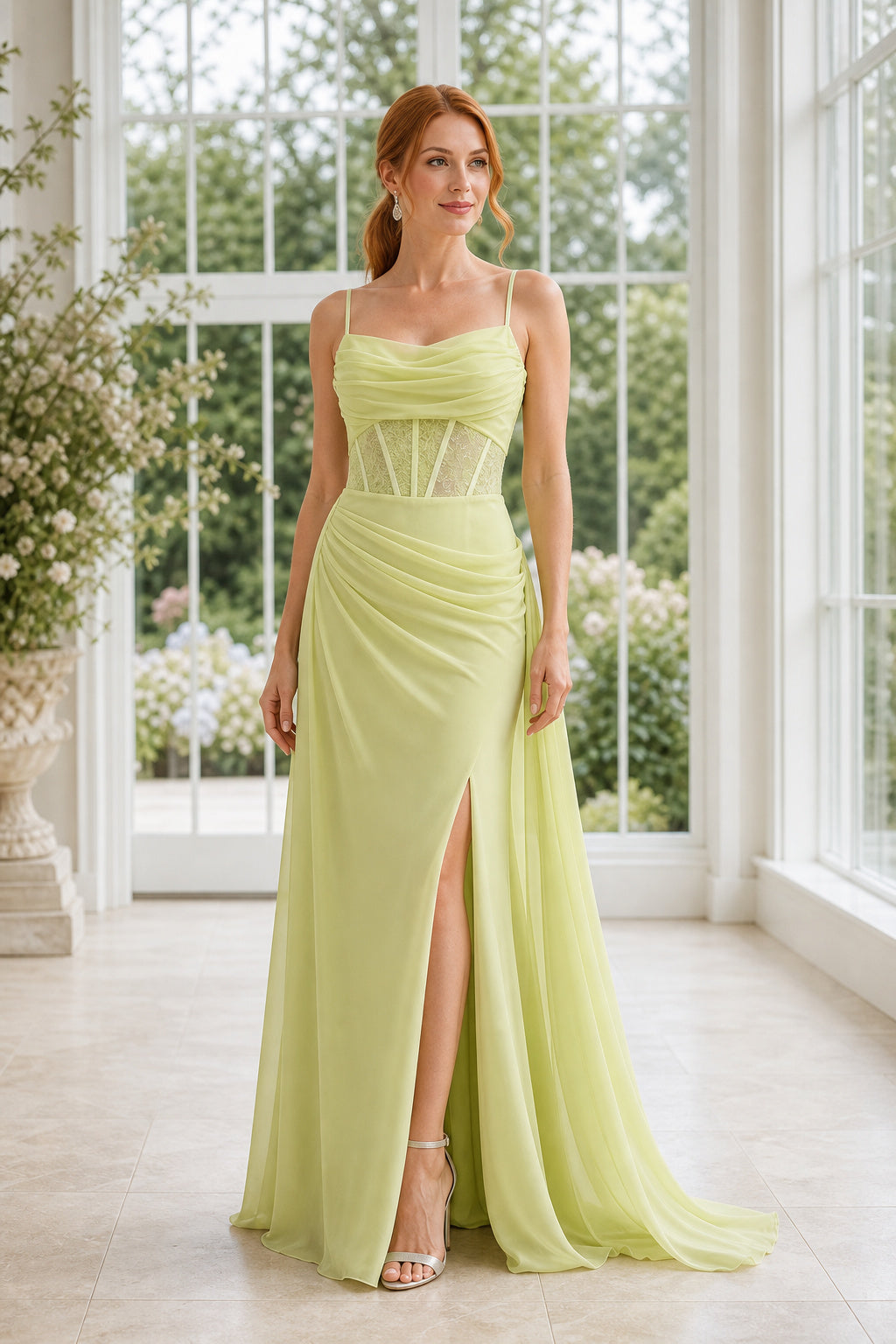 Lime Spaghetti Strap Sheath Chiffon Floor-Length Dress With Front Slit