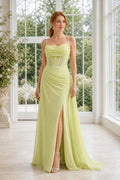Lime Spaghetti Strap Sheath Chiffon Floor-Length Dress With Front Slit