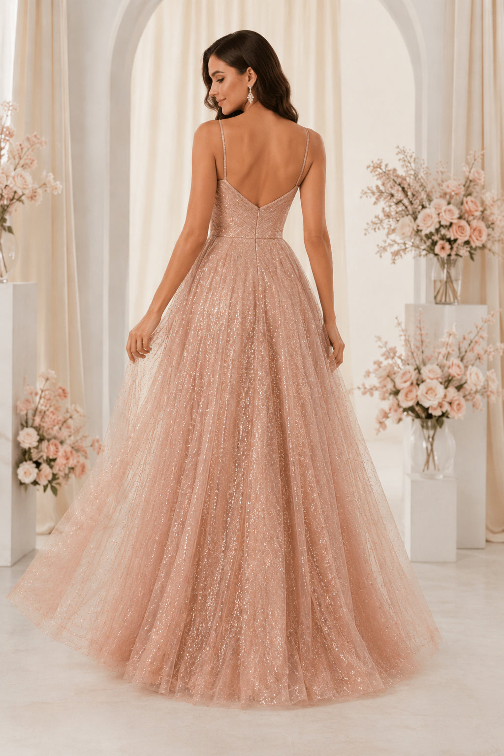 Champagne Spaghetti Strap Champagne Glitter Tulle A Line Gown with Slit Floor Length A Line Prom Dress back view