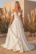Ivory Off-the-Shoulder Chiffon A-Line Wedding Dress with Sweetheart Bodice front view
