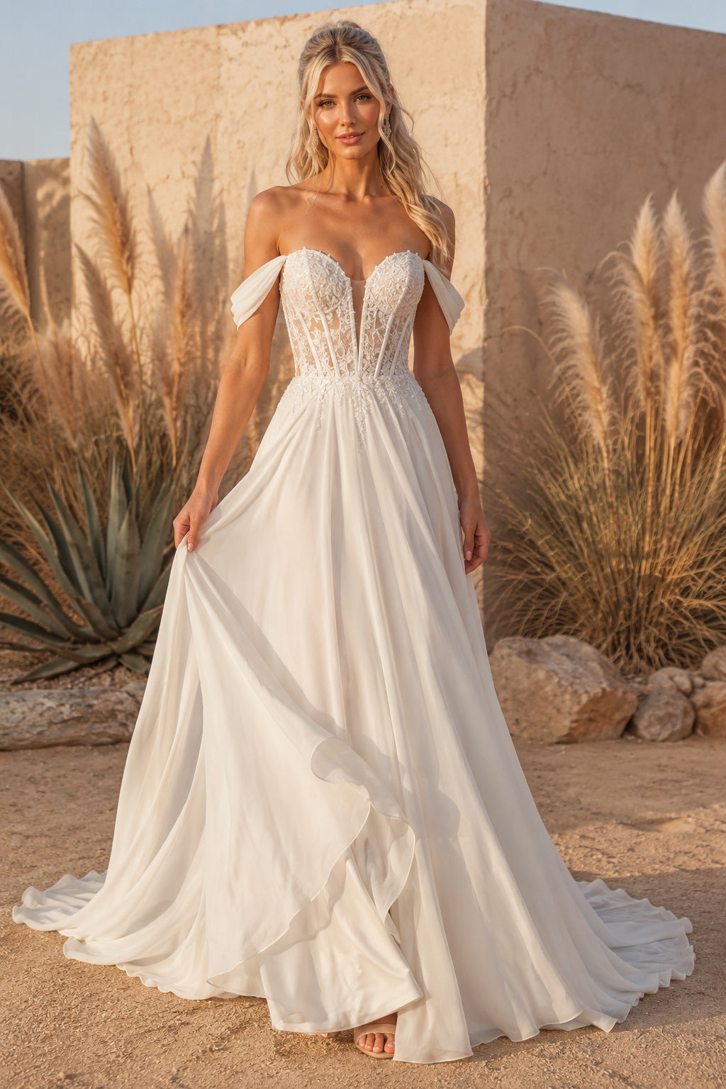Ivory Off-the-Shoulder Chiffon A-Line Wedding Dress with Sweetheart Bodice front view