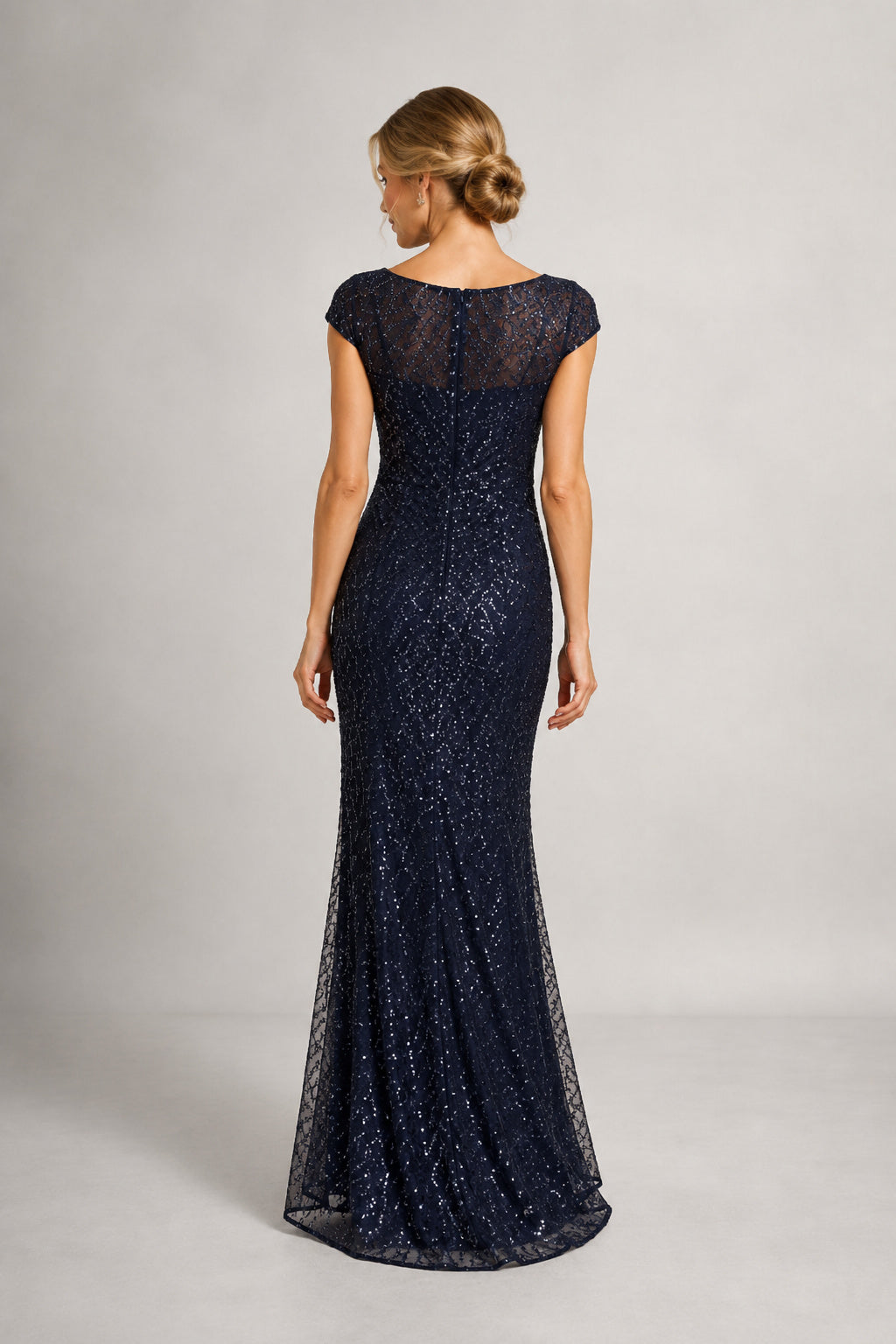 Dark Navy Cap Sleeve Sequin Sheath Mother Dress Ruched Waist for Mother and Formal Events back view