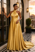 Gold Halter A-Line Satin Floor-Length Dress With Open Back