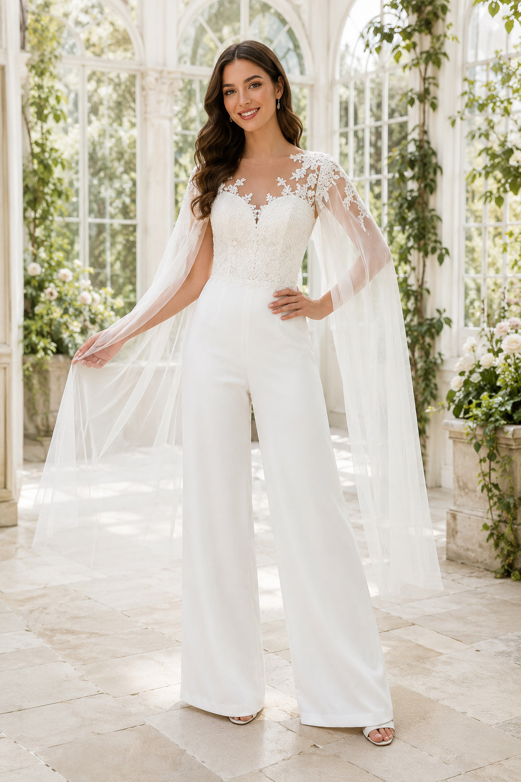 White Long Sleeve Lace Cape Bridal Jumpsuit front view
