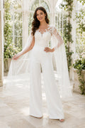 White Long Sleeve Lace Cape Bridal Jumpsuit front view