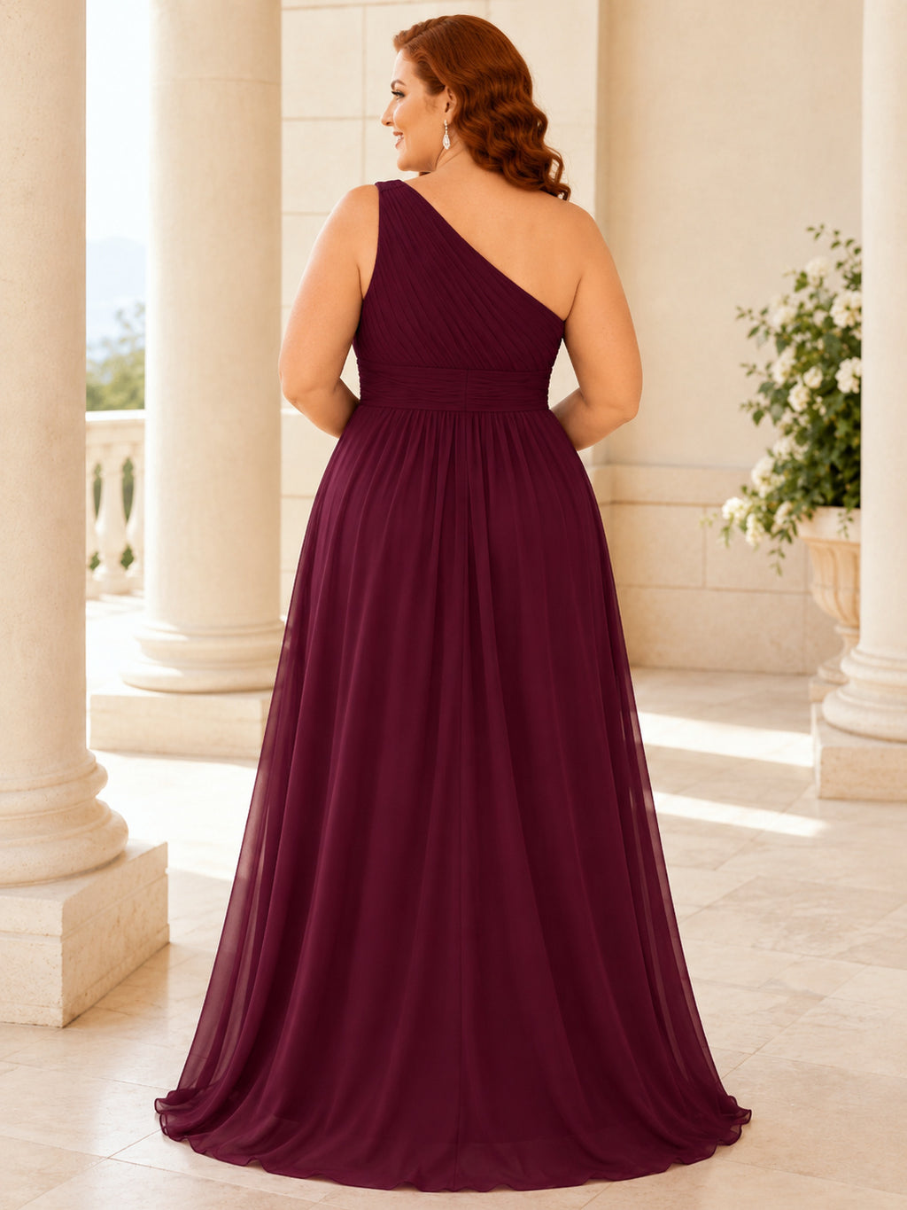 Burgundy Chiffon Plus Size One Shoulder A Line Prom Gown back view