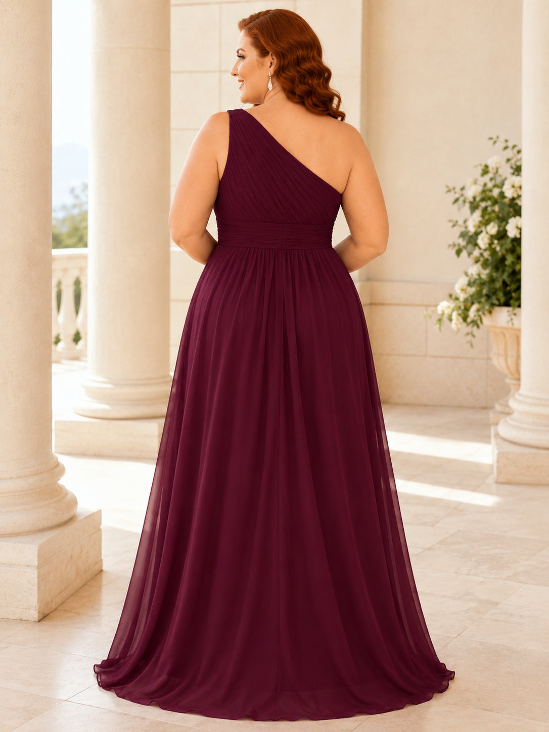 Burgundy Chiffon Plus Size One Shoulder A Line Prom Gown back view