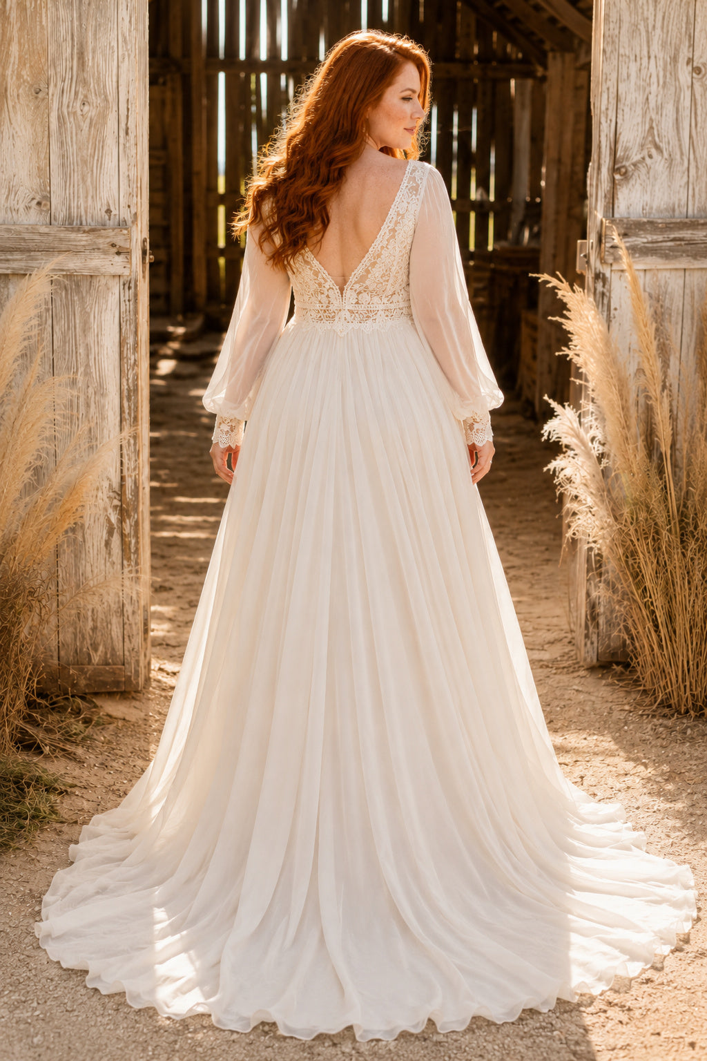 Plus Size Long Sleeve V-Neck Chiffon A-Line Wedding Dress with Lace Bodice back view