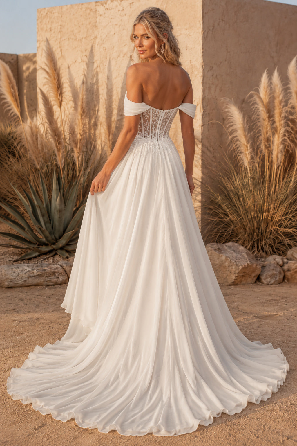 Ivory Off-the-Shoulder Chiffon A-Line Wedding Dress with Sweetheart Bodice back view