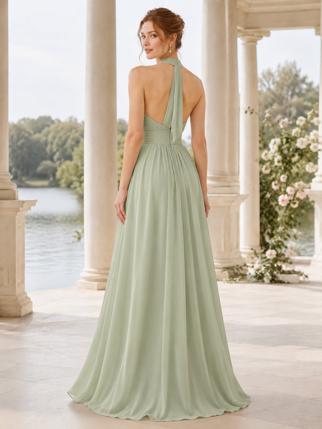 Sage Halter Pleated Chiffon Sleeveless A-Line Floor Length Wedding Dress back view