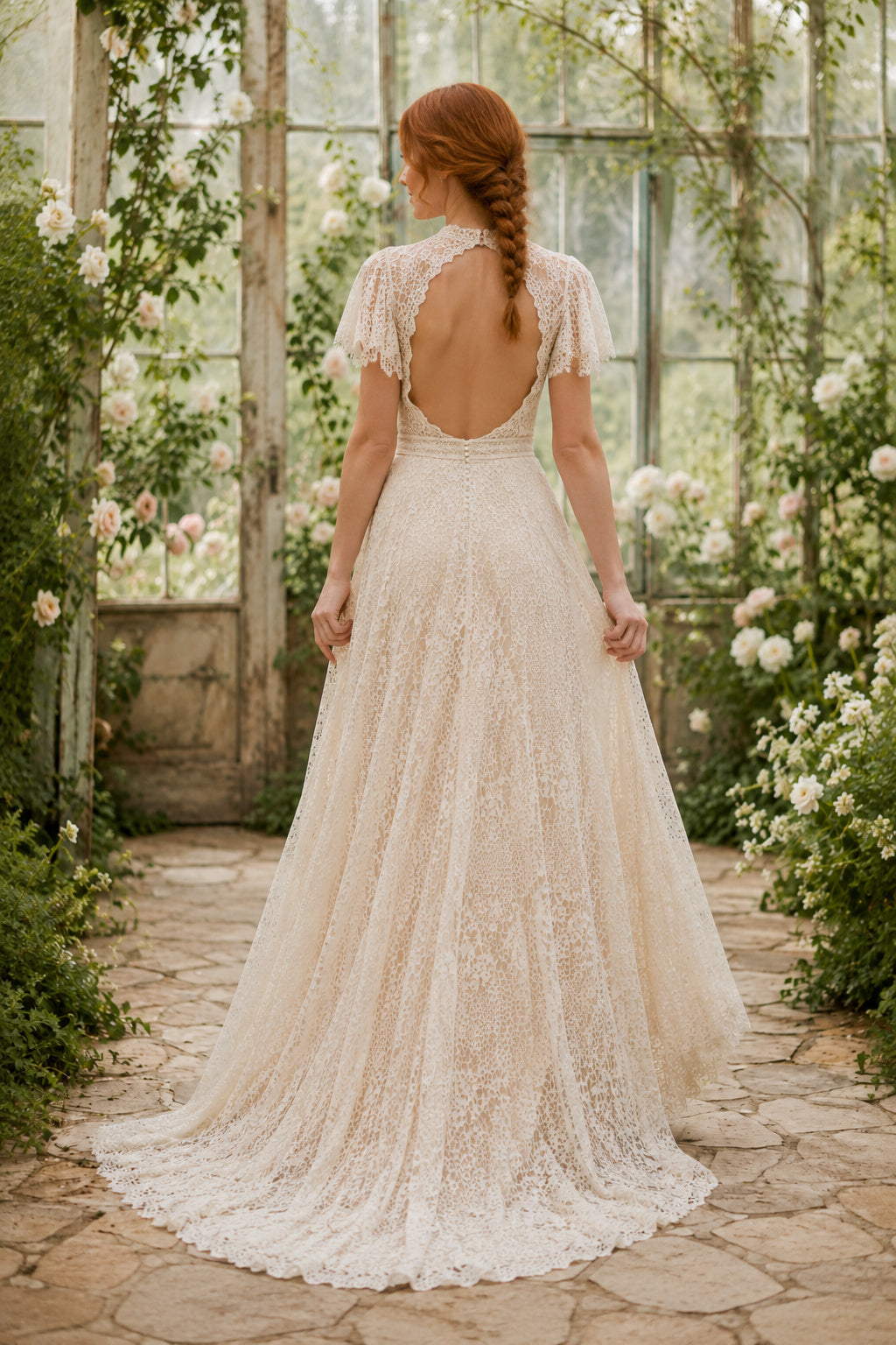 Ivory Illusion Cap Sleeve A-Line Wedding Dress with Open Back and Lace Skirt back view
