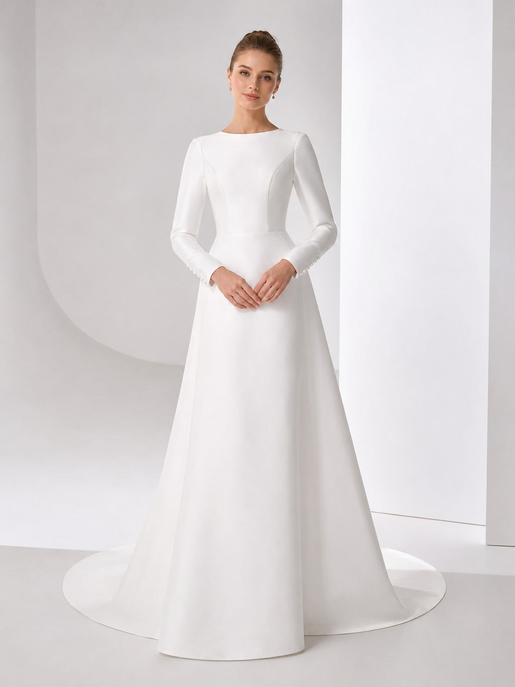 Simple High Neck A Line Religious Wedding Dress front view