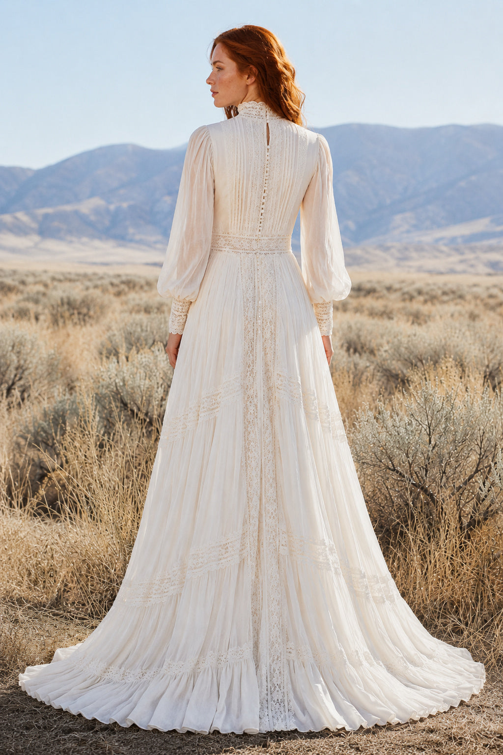 Ivory High Neck Long Sleeve Chiffon A-Line Wedding Dress for Wedding Ceremony and Reception back view