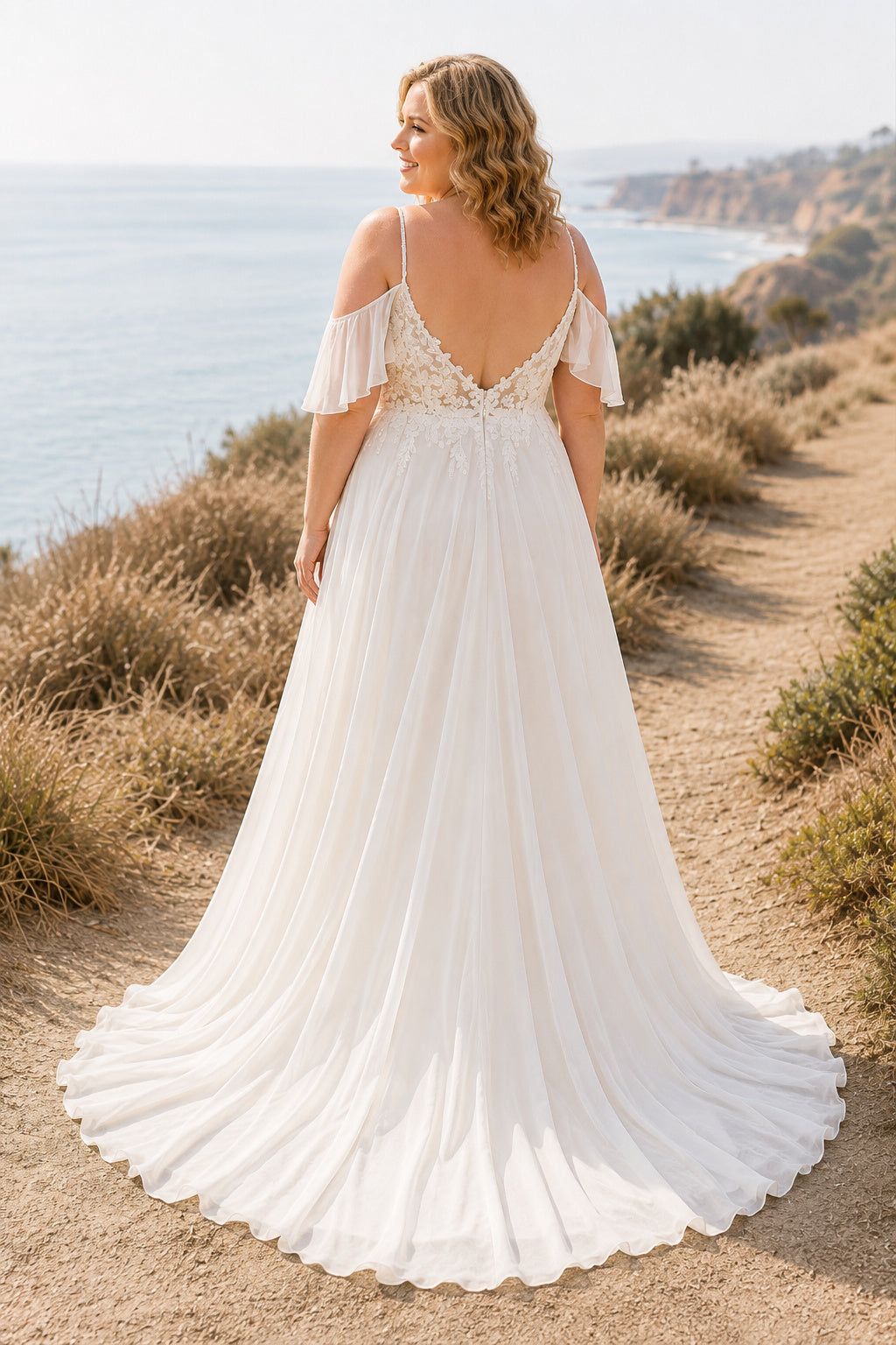 Plus Size Ivory Sweetheart Cold-Shoulder Flutter Sleeve Lace Tulle A-Line Wedding Dress with Cold-Shoulder Sleeves and Chiffo