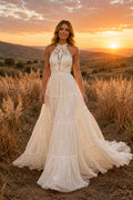 Halter High Neck Tiered A-Line Wedding Dress with Lace Bodice and Tulle Train for Rustic Garden Ceremony front view