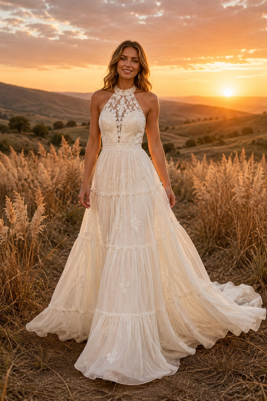 Halter High Neck Tiered A-Line Wedding Dress with Lace Bodice and Tulle Train for Rustic Garden Ceremony front view