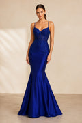Royal Blue spaghetti strap stretch satin mermaid gown with sweetheart neckline and low back Floor-length Mermaid Trumpet Prom