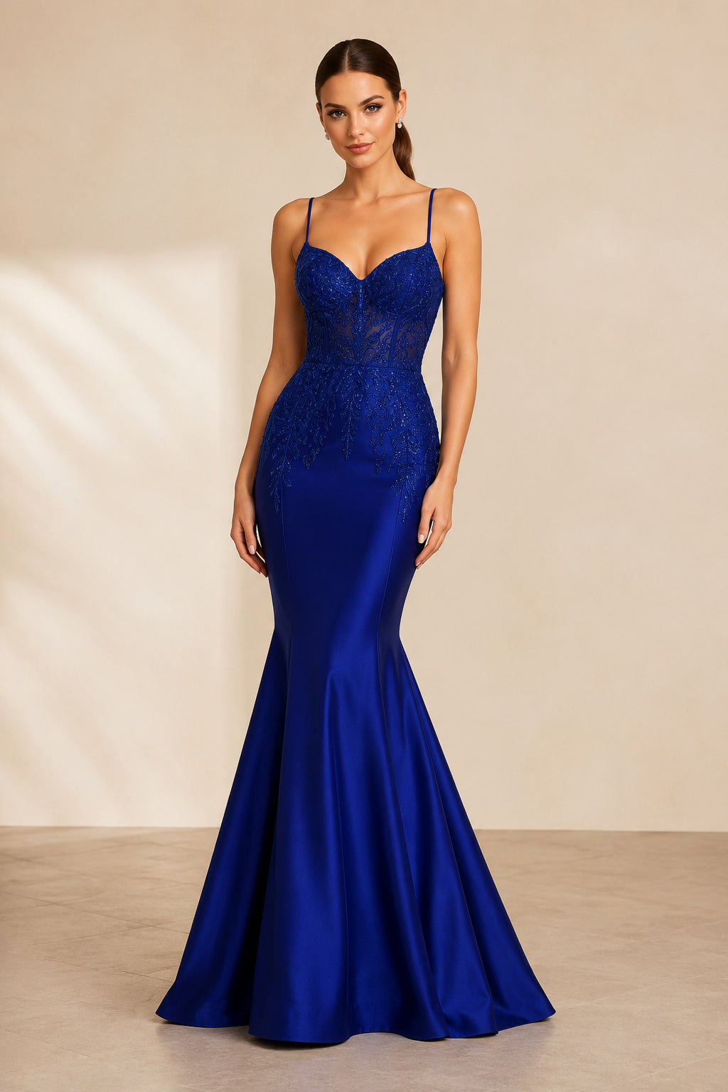 Royal Blue spaghetti strap stretch satin mermaid gown with sweetheart neckline and low back Floor-length Mermaid Trumpet Prom