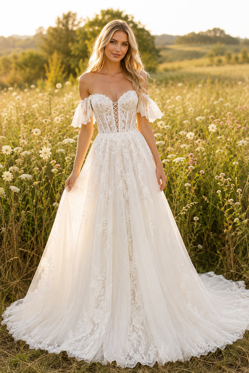 Ivory Off-the-Shoulder Lace A-Line Wedding Dress with Full Tulle Skirt front view