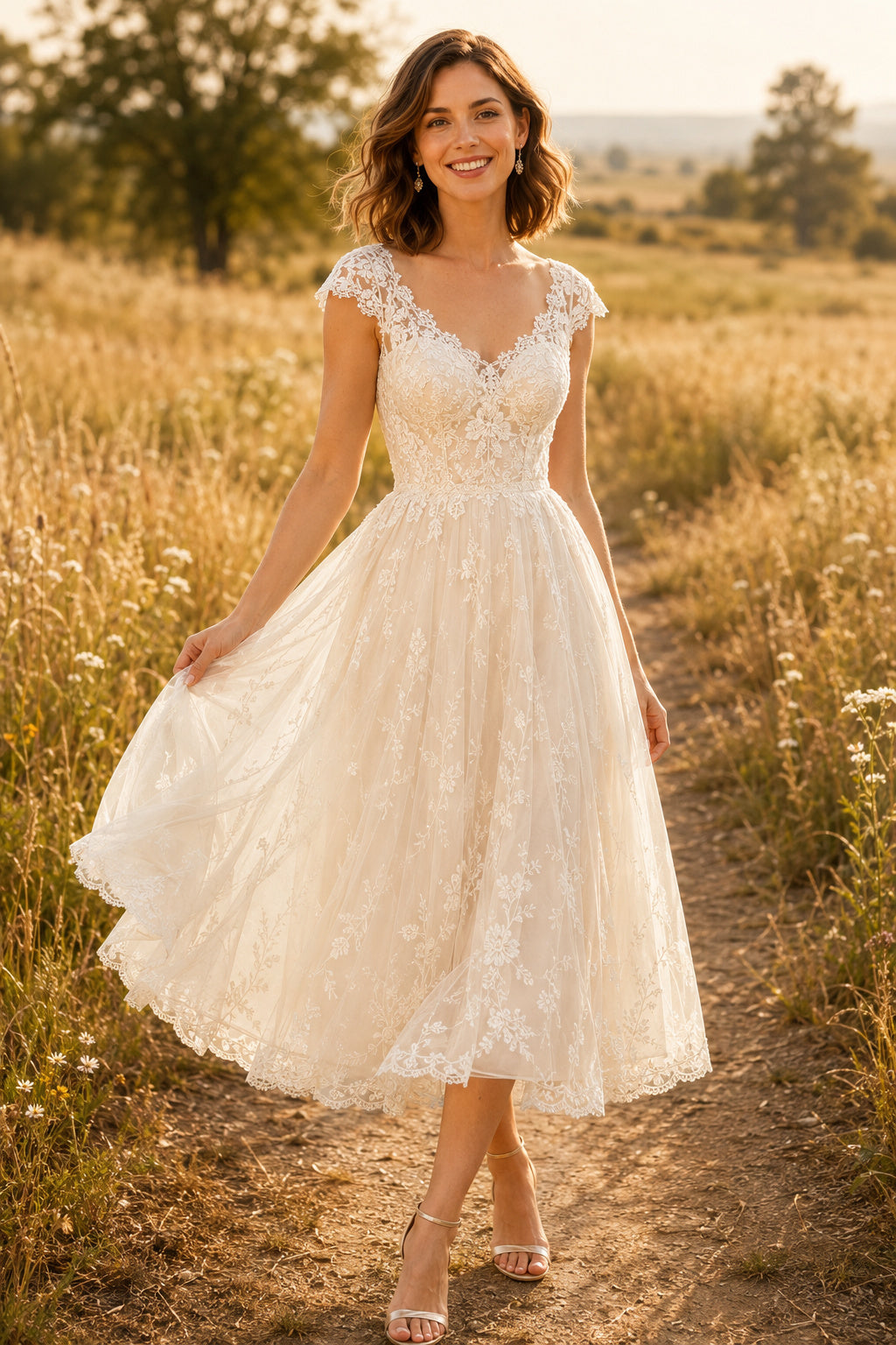 Ivory Cap Sleeve V-Neck Lace Tulle Tea Length Wedding Dress for Wedding Reception and Party Style MG_701008 front view