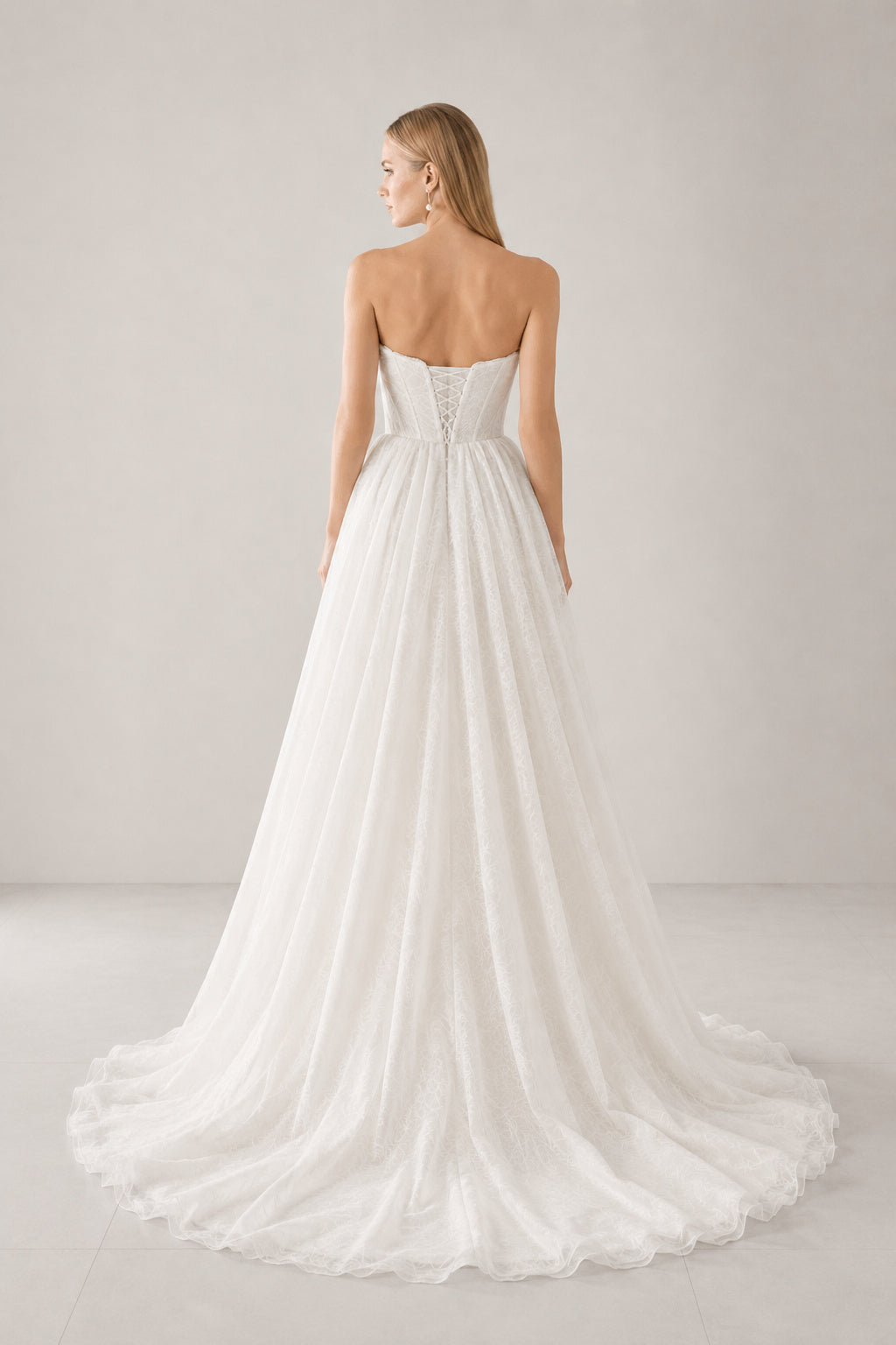 Wedding A-Line Tulle Dress with Strapless Sweetheart Neckline and Train back view