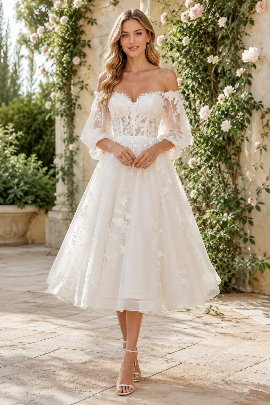 Ivory Off-the-Shoulder Sweetheart Poet Sleeve Lace Tulle Tea-Length Wedding Dress with Poet Sleeves and Tulle Midi Skirt fron
