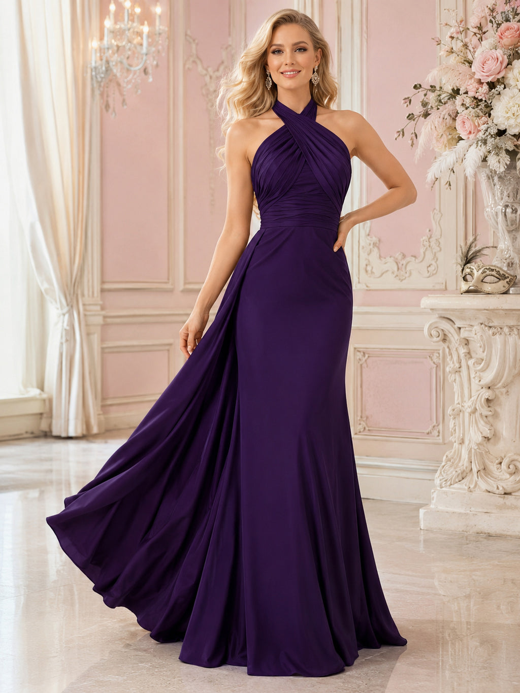 Plum Halter Backless Satin Mermaid Sweep Formal Guest Dress front view