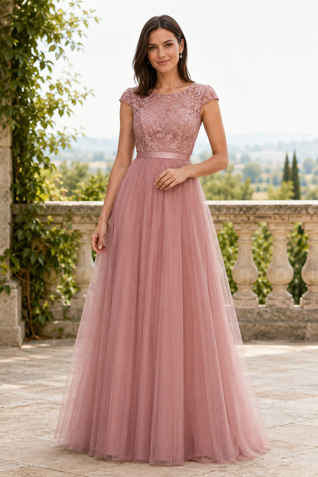 Dusty Rose Lace Cap Sleeve Bodice with Floor Length Tulle Skirt Floor Length A-Line Bridesmaid Dress front view