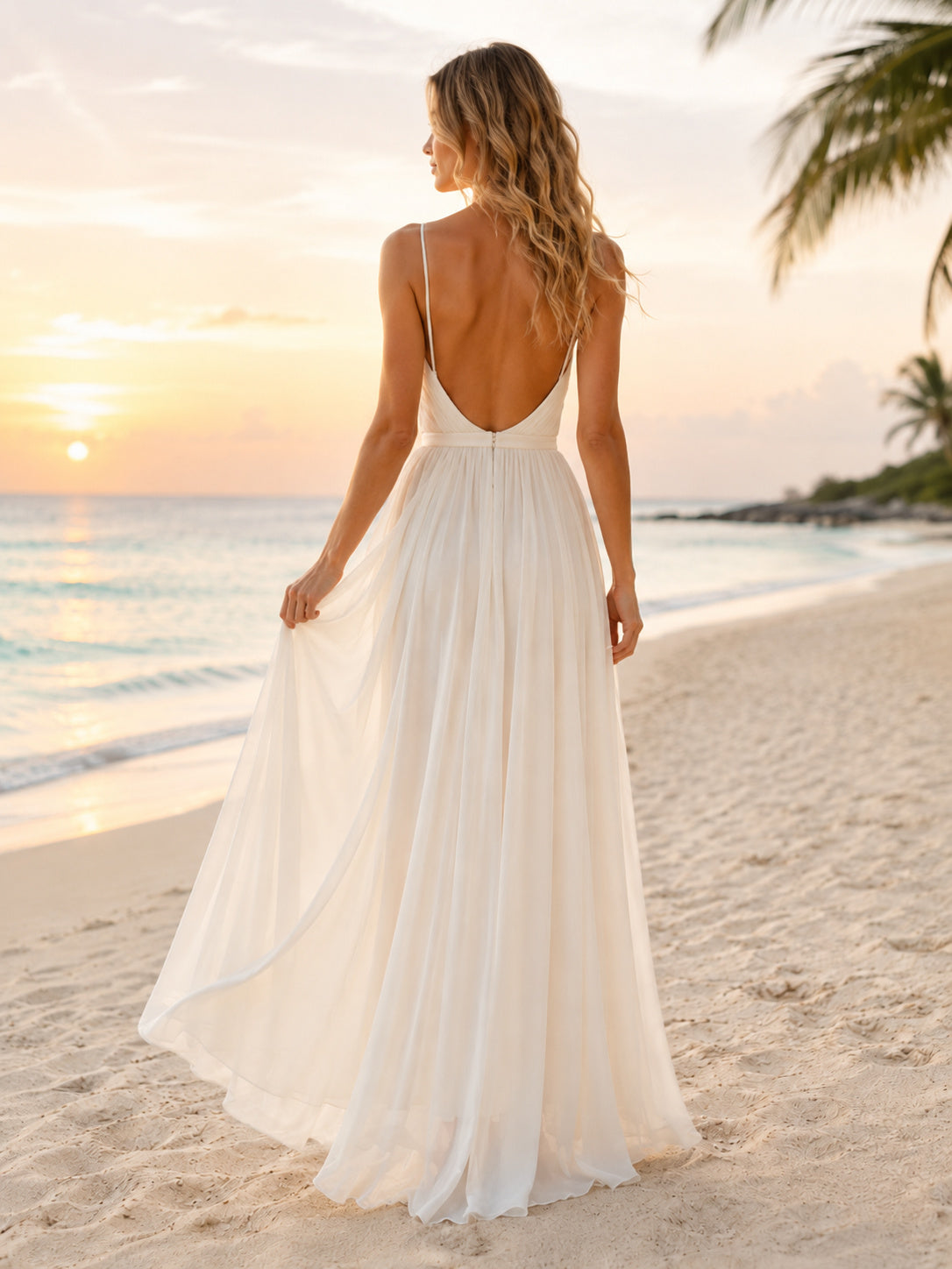 Backless Spaghetti Strap Chiffon Tropical Beach Elopement Dress back view