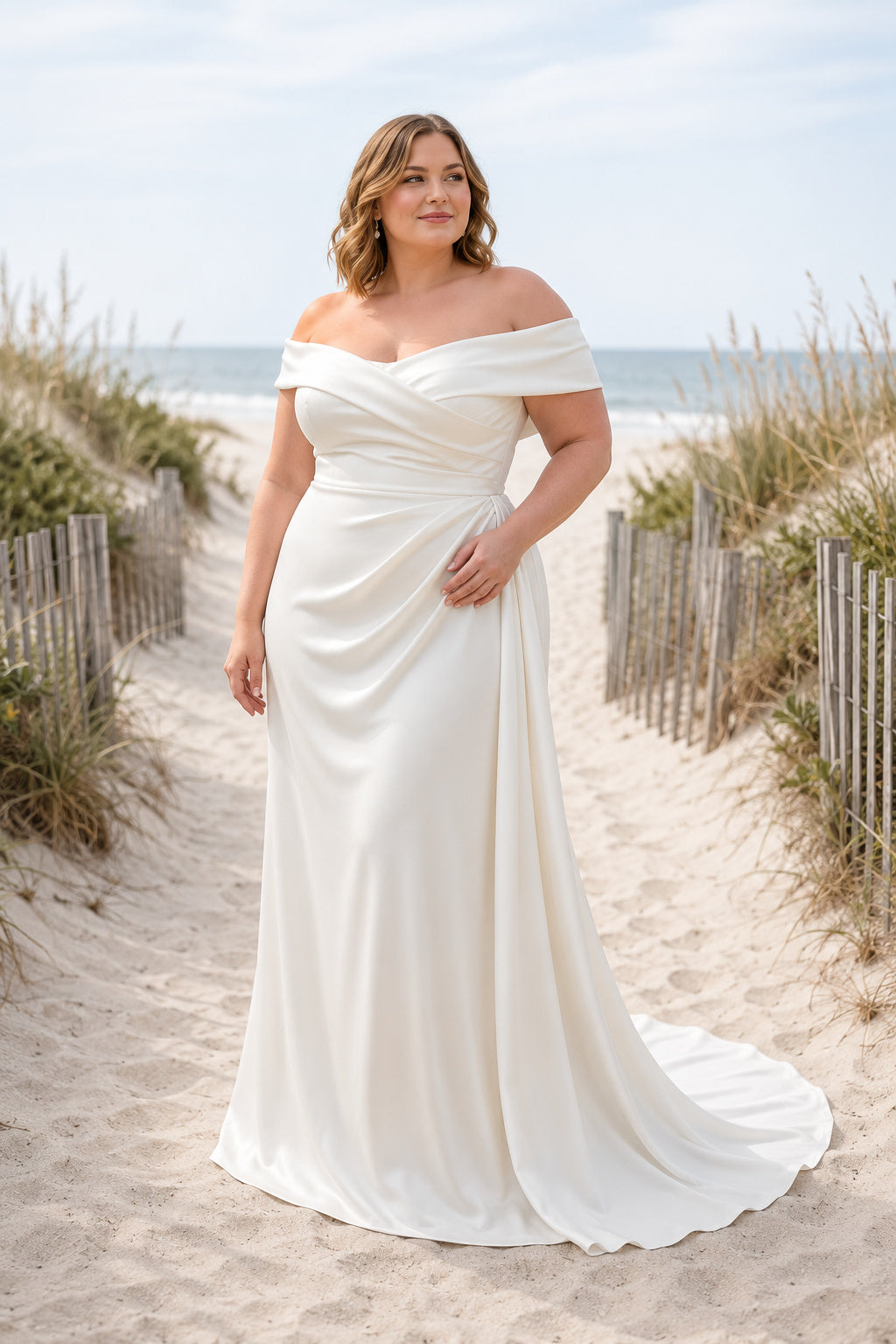 White Plus Size Off-the-Shoulder Sheath Wedding Dress with Draped Satin Skirt and Train front view