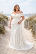 White Plus Size Off-the-Shoulder Sheath Wedding Dress with Draped Satin Skirt and Train front view