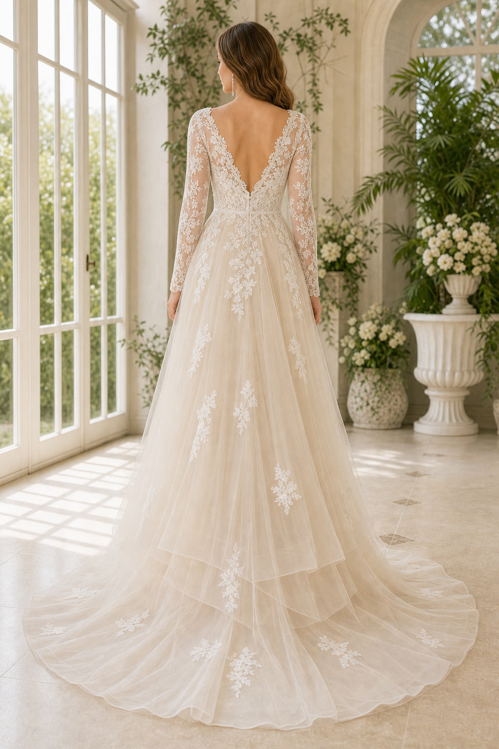 Champagne V-neck Long Sleeves Ball Gown Tulle, Lace High-low Wedding Dress With Lace and High-Low Skirt and Open Back