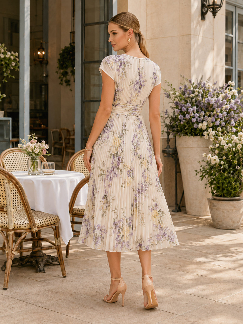 Lavender Floral Cap Sleeve Pleated A Line Midi Guest Dress back view