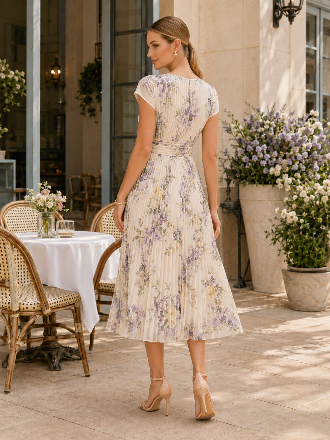 Lavender Floral Cap Sleeve Pleated A Line Midi Guest Dress back view
