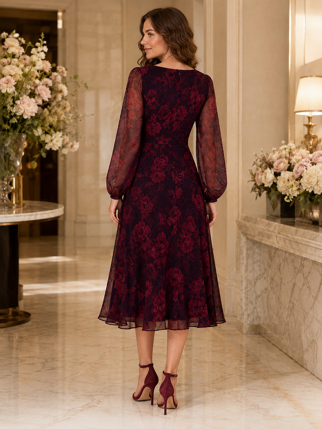 Black Burgundy Floral Jewel Neck Chiffon Midi Guest Dress back view